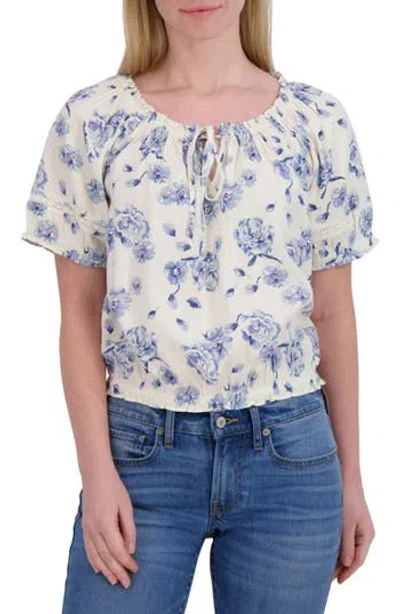 Lucky Brand Floral Puff Sleeve Cotton Bubble Top In Blue Floral