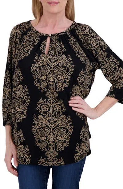 Lucky Brand Floral Raglan Sleeve Top In Black Multi