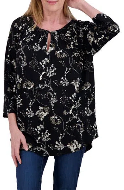 Lucky Brand Floral Raglan Sleeve Top In Jet Black