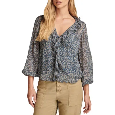 Lucky Brand Floral Ruffle Collar Top In Silver