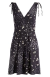 Lucky Brand Floral Shirred Minidress In Black Multi