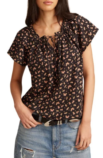 Lucky Brand Floral Short Sleeve Cotton Peasant Top In Brown