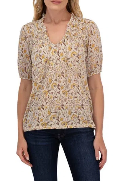 Lucky Brand Floral Smocked Yoke Short Sleeve Top In Cream Multi