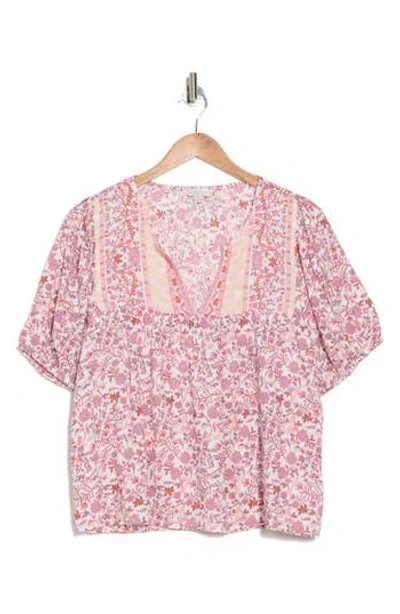 Lucky Brand Floral Split Neck Top In Pink