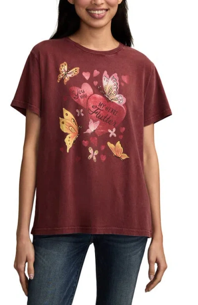 Lucky Brand Flutter Heart Graphic Boyfriend T-shirt In Burgundy