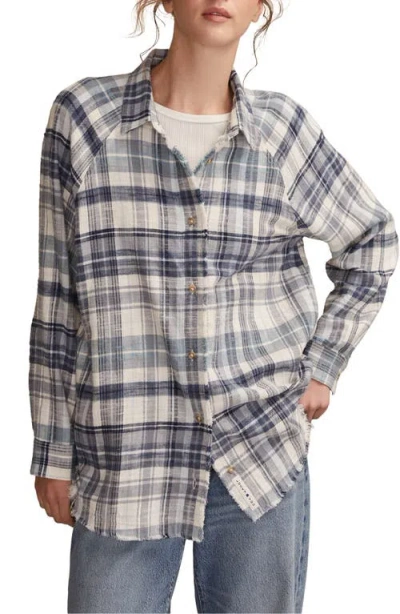 LUCKY BRAND LUCKY BRAND FRAYED PLAID BUTTON-UP TUNIC SHIRT