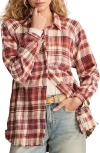 Lucky Brand Frayed Plaid Button-up Tunic Shirt In Red