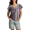 Lucky Brand Geo Embroidered Short Sleeve Cotton Peasant Top In Gray
