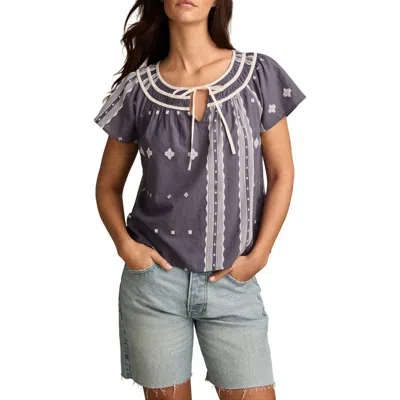 Lucky Brand Geo Embroidered Short Sleeve Cotton Peasant Top In Gray