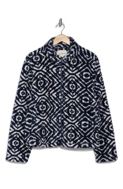 Lucky Brand Geo Print Faux Fur Zip Jacket In Navy Combo
