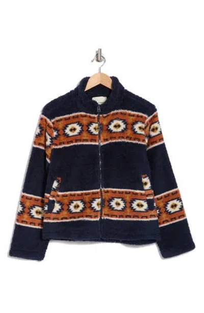 Lucky Brand Geo Print Faux Fur Zip Jacket In Navy Multi