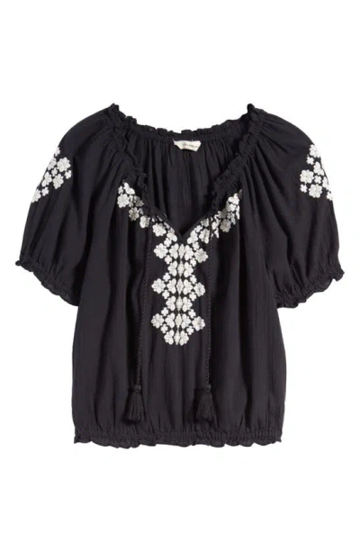 Lucky Brand Geometric Embroidery Cotton Short Sleeve Top In Jet Black