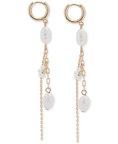 Lucky Brand Gold-tone Pearl & Chain Charm Hoop Earrings