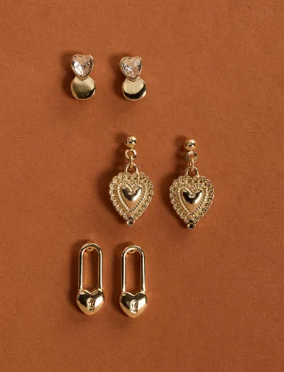 Lucky Brand Heart Lock Earring Set In Gold
