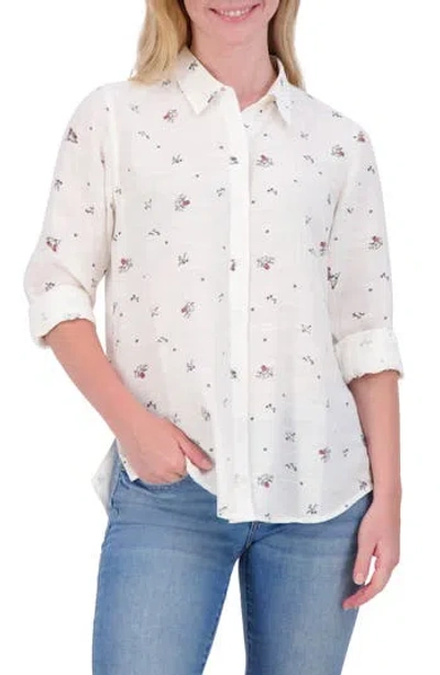 Lucky Brand Heart Print Button-up Shirt In Cream Blue Multi