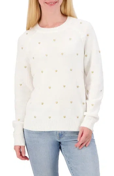 Lucky Brand Heart Stud Crewneck Sweater In Marshmallow