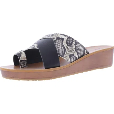 Lucky Brand Heliara Womens Leather Snake Print Wedge Sandals In Black