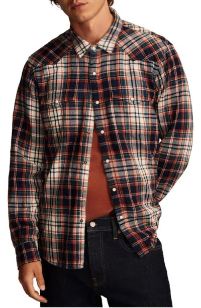 Lucky Brand Indigo Plaid Flannel Snap-up Western Shirt In Indigo Red Plaid