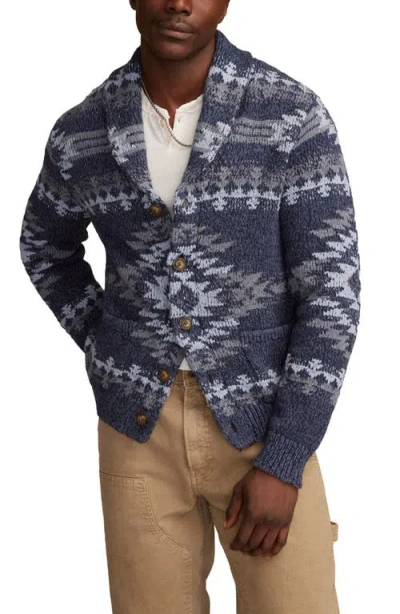 Lucky Brand Intarsia Blanket Cotton Shawl Collar Cardigan In Blue