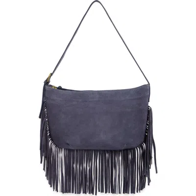 Lucky Brand Ivy Fringe Suede Shoulder Bag In Midnight Blue Soft Cow Suede