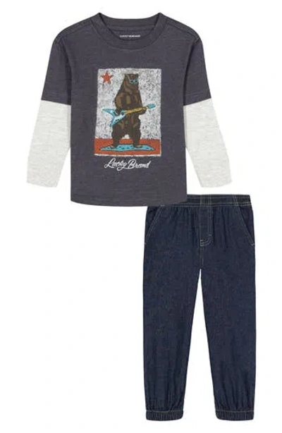 Lucky Brand Kids' Bear Guitar Knit T-shirt & Joggers Set In Gray