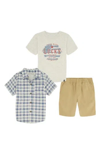 Lucky Brand Kids' Crewneck T-shirt, Button-up Shirt & Pull-on Shorts Set In Multi