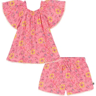 Lucky Brand Kids' Floral Print Top & Shorts Set In Pink