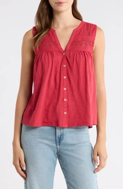 Lucky Brand Lace Inset Cotton Button-up Tank In Red