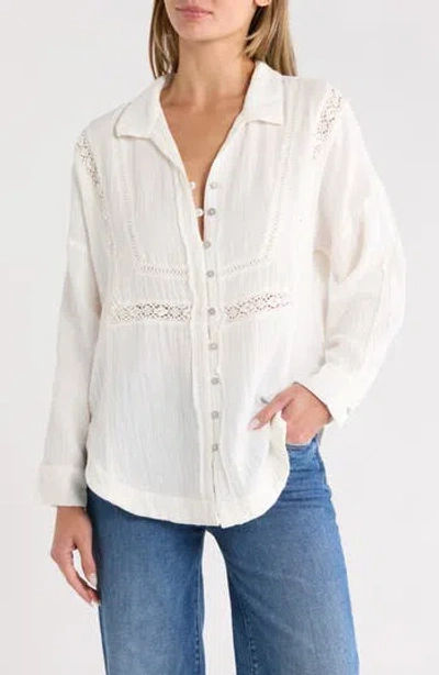 Lucky Brand Lace Inset Cotton Gauze Button-up Shirt In White