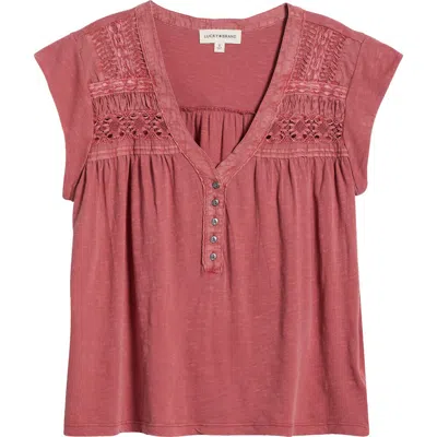 Lucky Brand Lace Inset Cotton Henley T-shirt In Baroque Rose