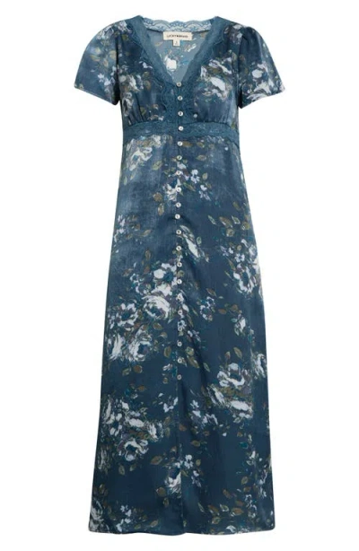 Lucky Brand Lace Trim Floral Print Midi Dress In Blue