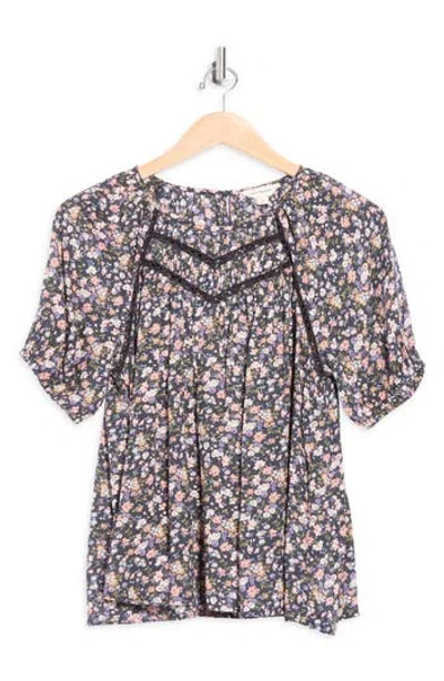 Lucky Brand Lace Trim Floral Print Top In Multi