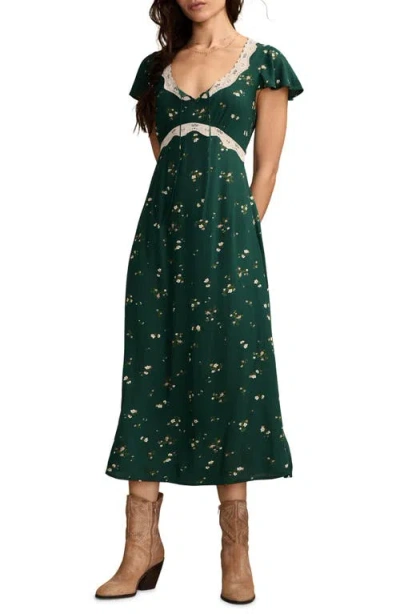 Lucky Brand Lace Trim Flutter Sleeve Midi Dress In Green