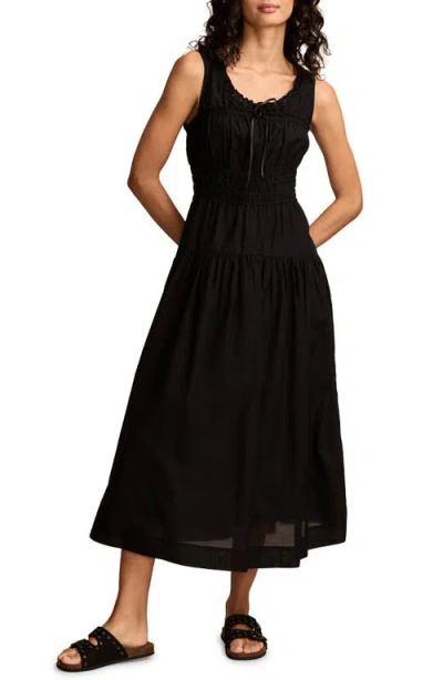 Lucky Brand Lace Trim Sleeveless Smocked Poplin Midi Dress In Caviar