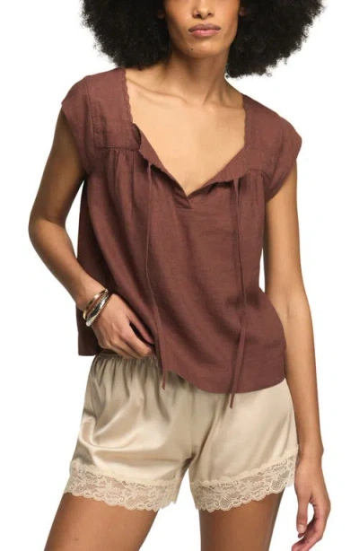 Lucky Brand Lace Trim Tie Neck Linen Blend Top In Brown