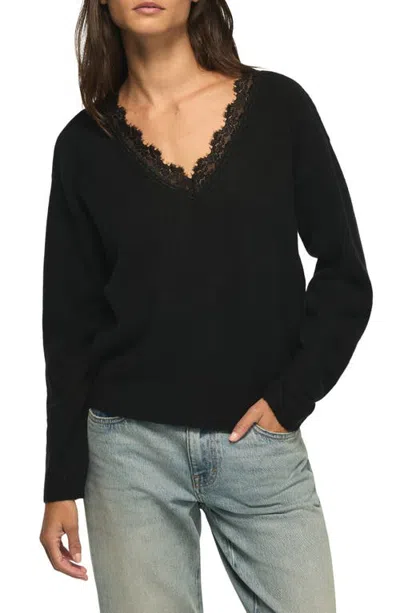 Lucky Brand Lace Trim V-neck Sweater In Black