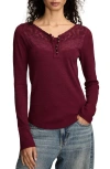 Lucky Brand Lace Yoke Cotton Henley In Burgundy