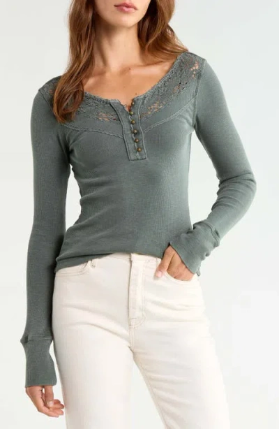 Lucky Brand Lace Yoke Henley Top In Gray