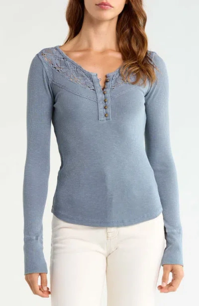 Lucky Brand Lace Yoke Henley Top In Blue