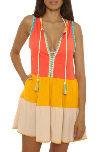 Lucky Brand Lagos Embroidered Colorblock Cover-up Minidress In Red