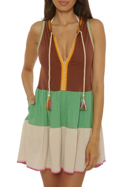 Lucky Brand Lagos Embroidered Colorblock Cover-up Minidress In Brown