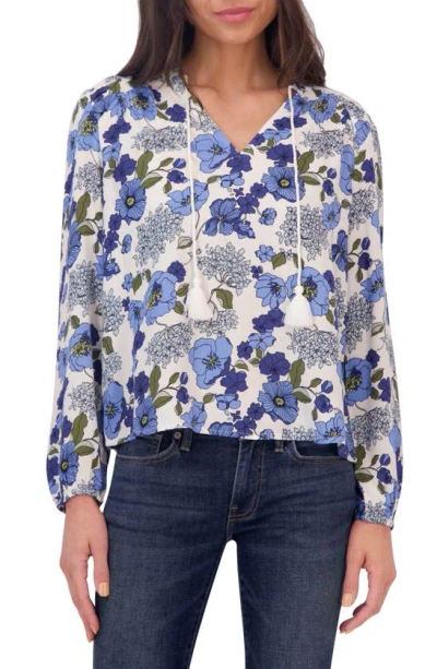 Lucky Brand Lana Floral Print Tassel Blouse In Blue Multi