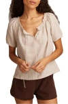Lucky Brand Linen Blend Tie Neck Peasant Top In Neutral