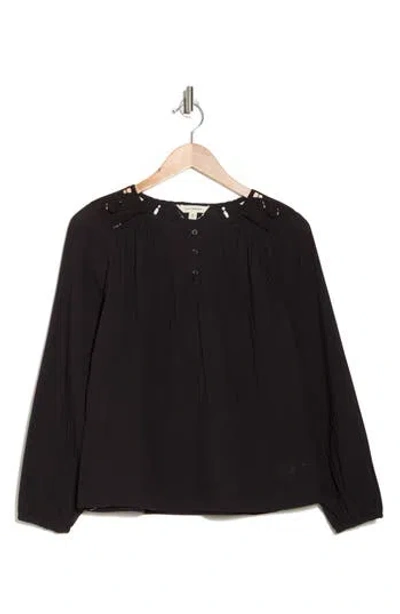 Lucky Brand Long Puff Sleeve Cutout Cotton Top In Jet Black