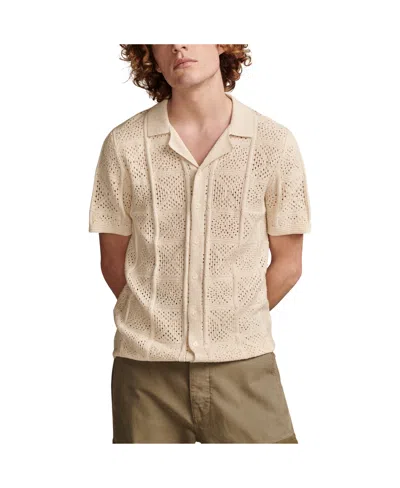 Lucky Brand Men's Crochet Camp Collar Short Sleeve Shirt In White Cap Gray
