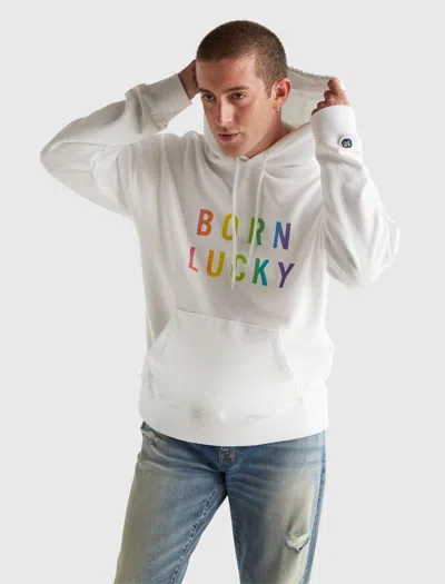 Lucky Brand Mens Pride Born Lucky Gender Neutral Hoodie In White