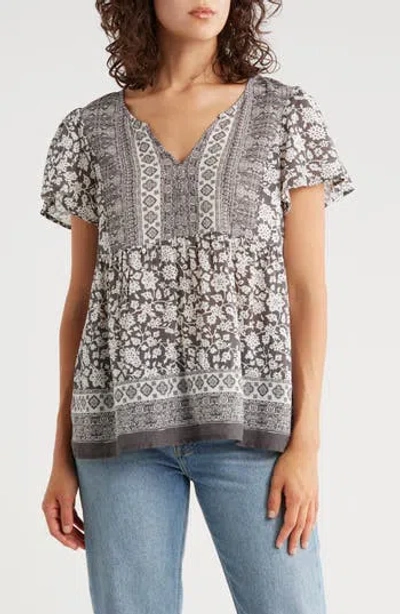 Lucky Brand Mix Floral Print Flutter Sleeve Cotton Top In Gray