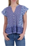 Lucky Brand Mix Print Flutter Sleeve Top In Navy Combo