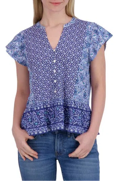 Lucky Brand Mix Print Flutter Sleeve Top In Navy Combo