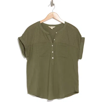 Lucky Brand Mixed Media Short Sleeve Cotton & Modal Henley In Green